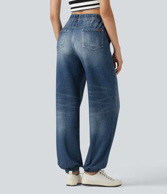 High Waisted Denim Print French Terry Casual Joggers with Pockets High Waisted Denim Print French Terry Casual Joggers with Pockets