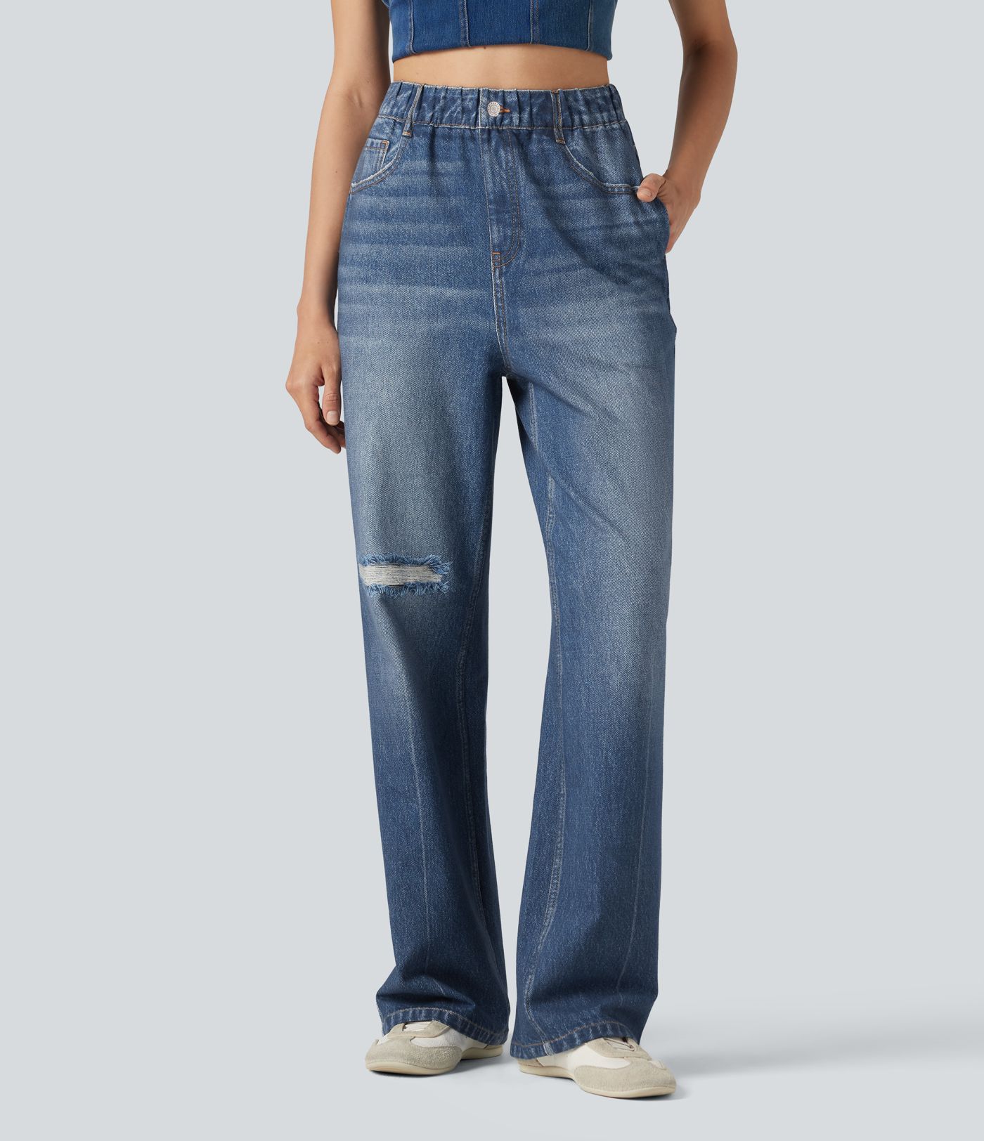 High Waisted Denim Print French Terry Casual Sweatpants Jeans with Pockets