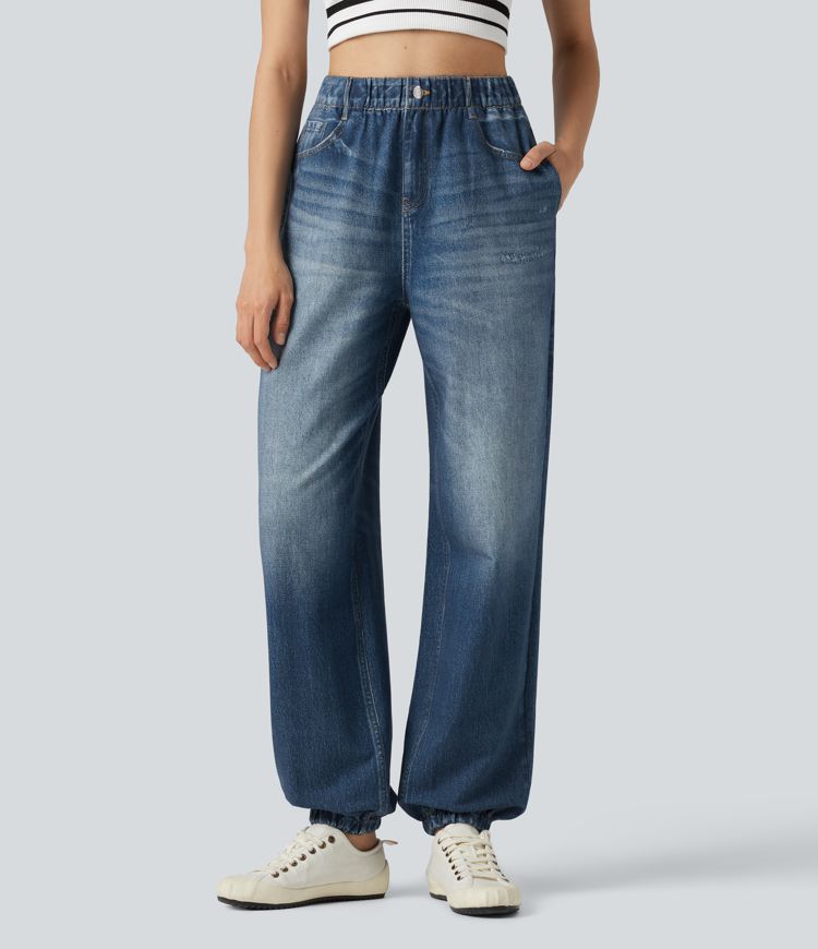 High Waisted Denim Print French Terry Casual Joggers with Pockets High Waisted Denim Print French Terry Casual Joggers with Pockets