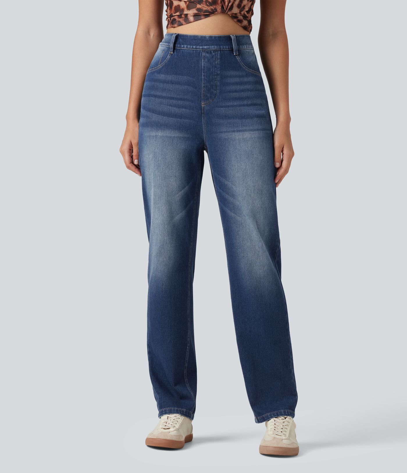 Halara Flex™ High Waisted Straight Leg Washed Casual Jeans with Pockets Halara Flex™ High Waisted Straight Leg Washed Casual Jeans with Pockets