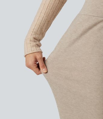 Ribbed High Waisted Drawstring Flare Casual Pants with Pockets