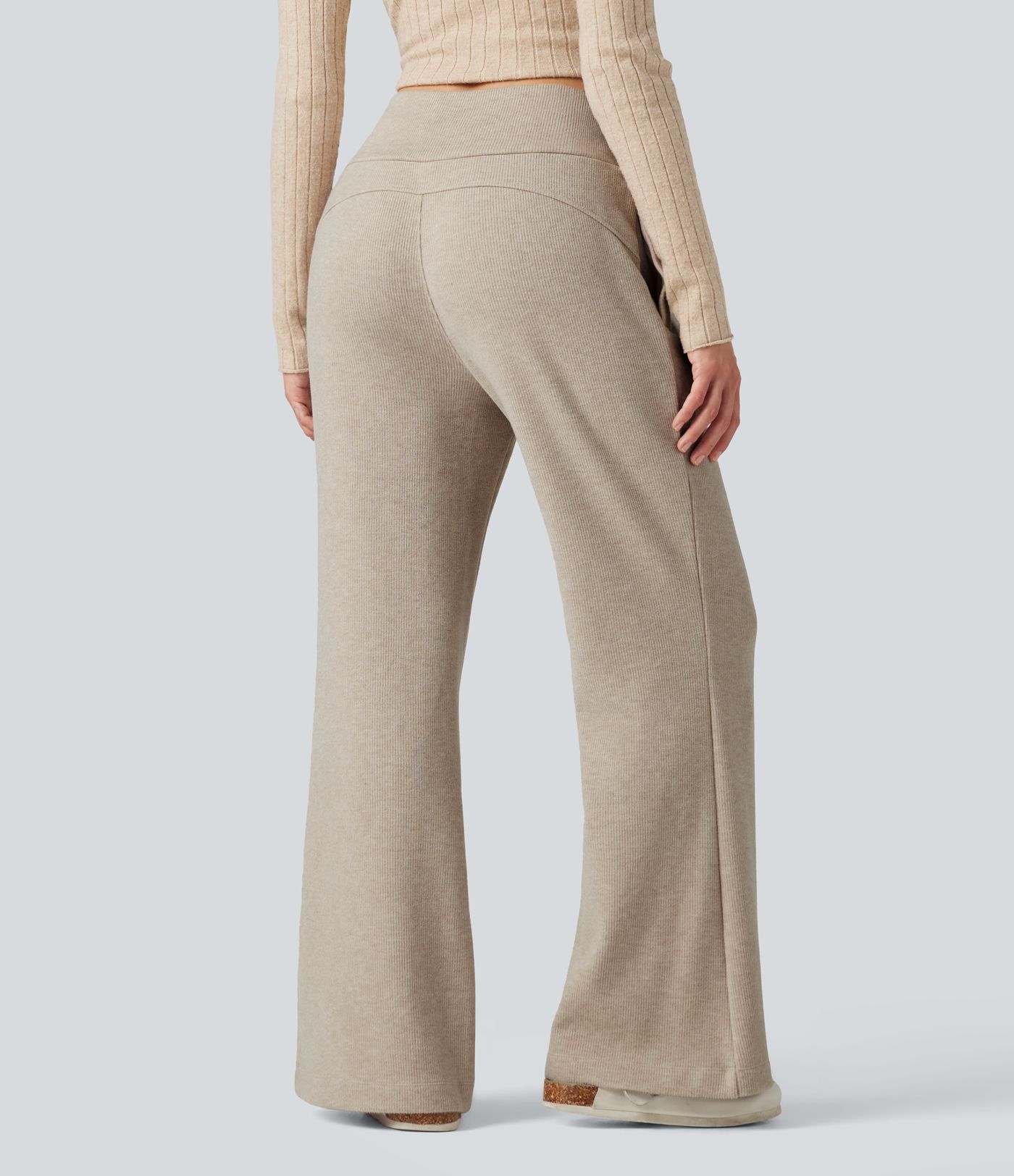Ribbed High Waisted Drawstring Flare Casual Pants with Pockets