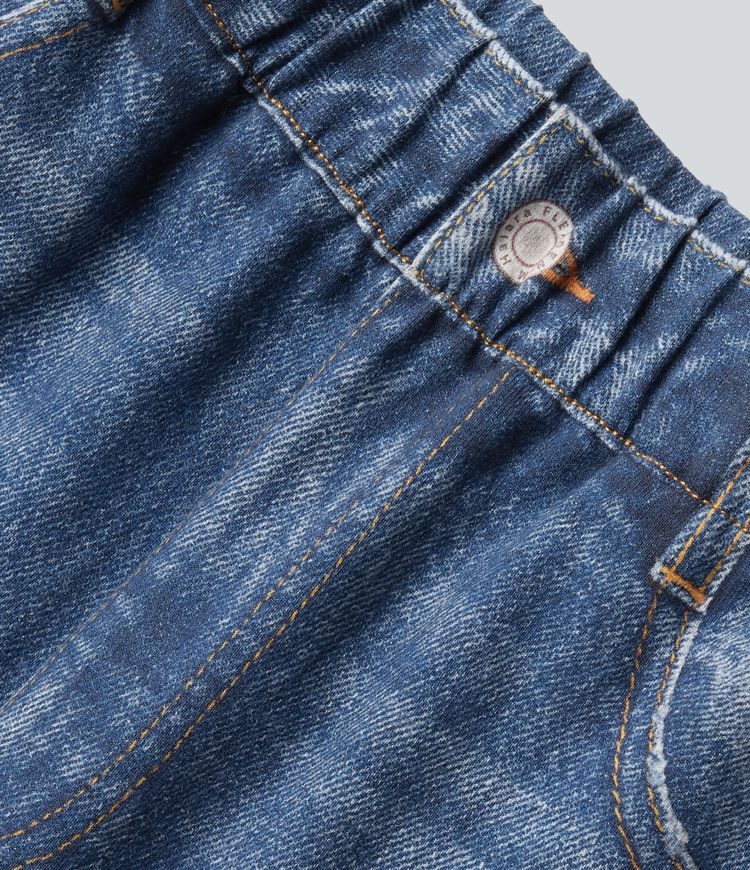 High Waisted Denim Print French Terry Casual Sweatpants Jeans with Pockets