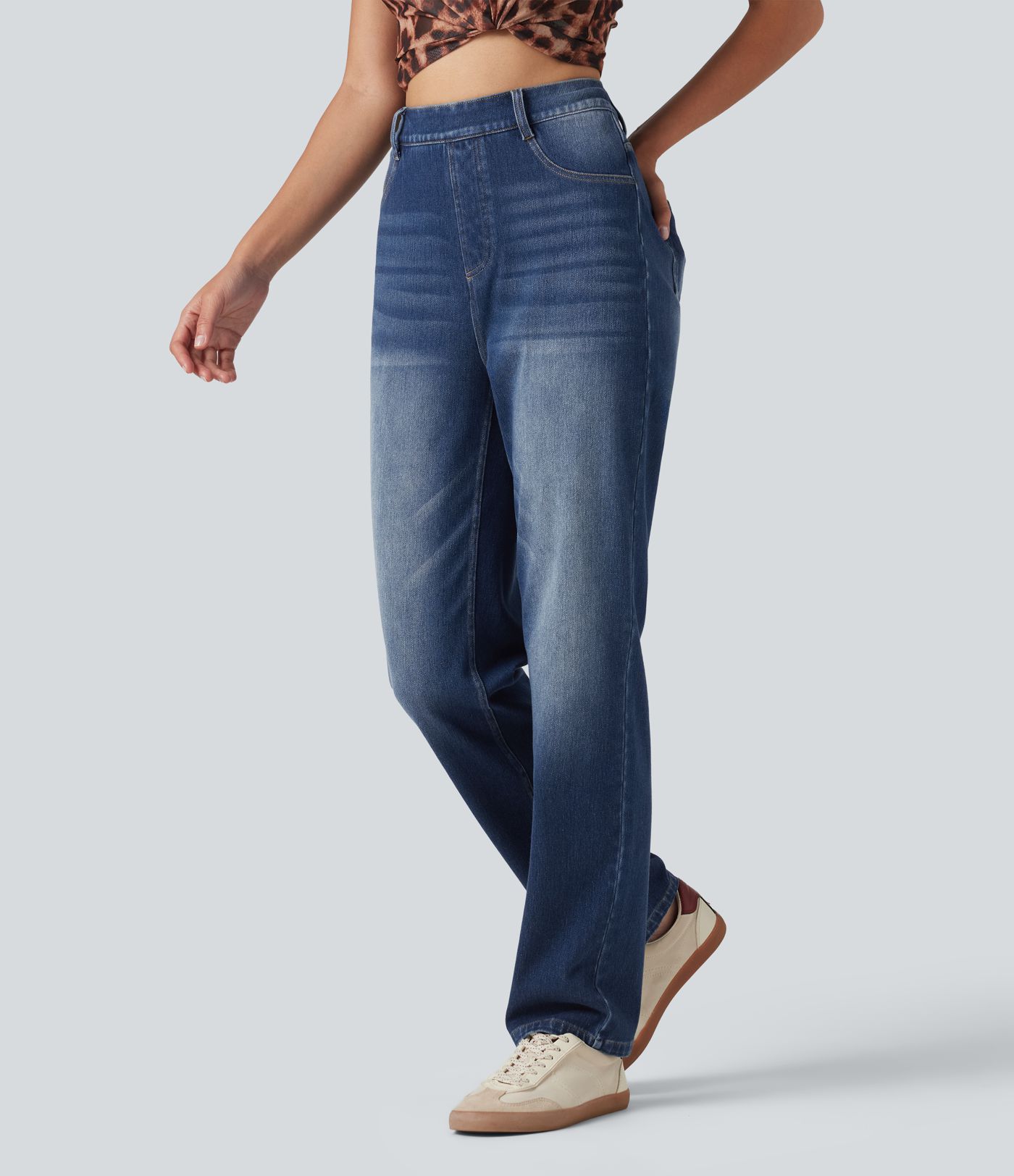 Halara Flex™ High Waisted Straight Leg Washed Casual Jeans with Pockets Halara Flex™ High Waisted Straight Leg Washed Casual Jeans with Pockets