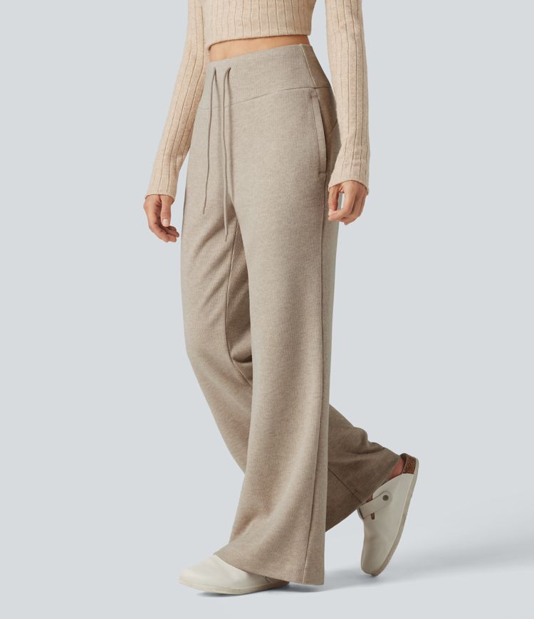 Ribbed High Waisted Drawstring Flare Casual Pants with Pockets