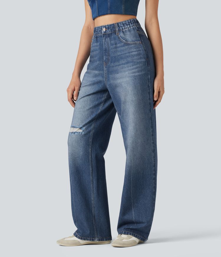 High Waisted Denim Print French Terry Casual Sweatpants Jeans with Pockets