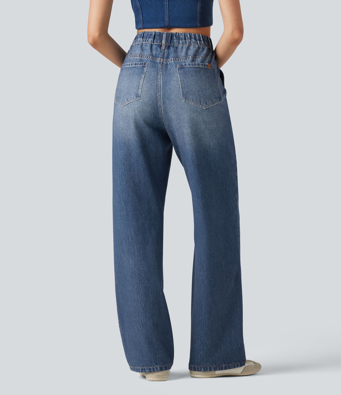 High Waisted Denim Print French Terry Casual Sweatpants Jeans with Pockets