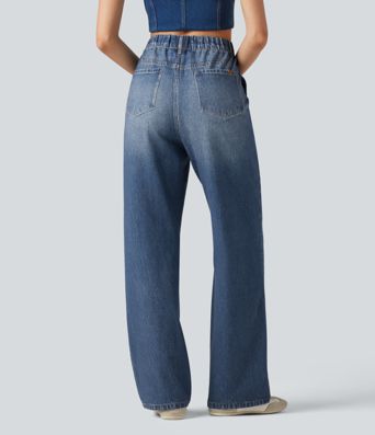 High Waisted Denim Print French Terry Casual Sweatpants Jeans with Pockets