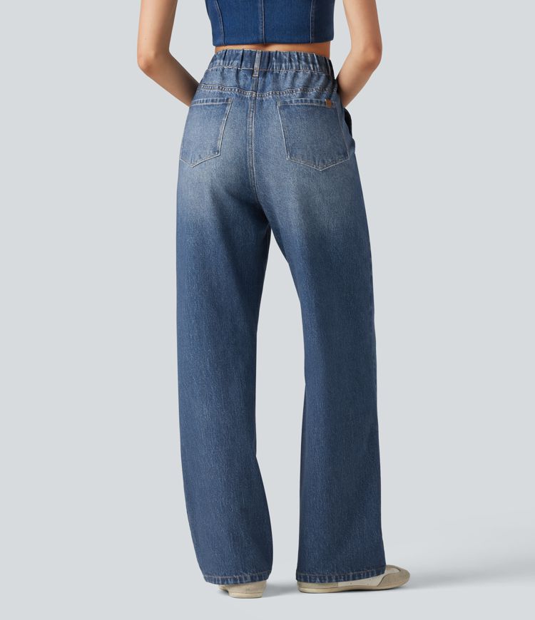 High Waisted Denim Print French Terry Casual Sweatpants Jeans with Pockets