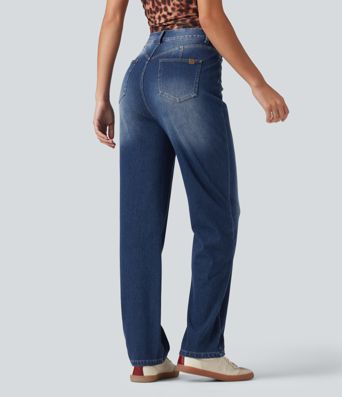 Halara Flex™ Curvy High Waisted Straight Leg Washed Casual Jeans with Pockets Halara Flex™ Curvy High Waisted Straight Leg Washed Casual Jeans with Pockets
