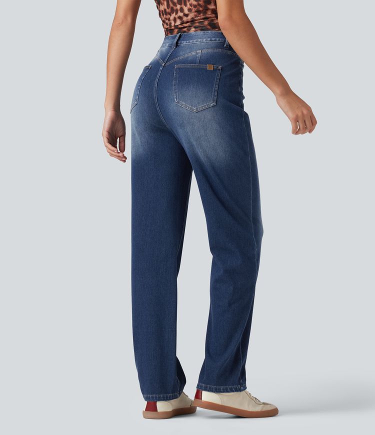 Halara Flex™ Curvy High Waisted Straight Leg Washed Casual Jeans with Pockets Halara Flex™ Curvy High Waisted Straight Leg Washed Casual Jeans with Pockets