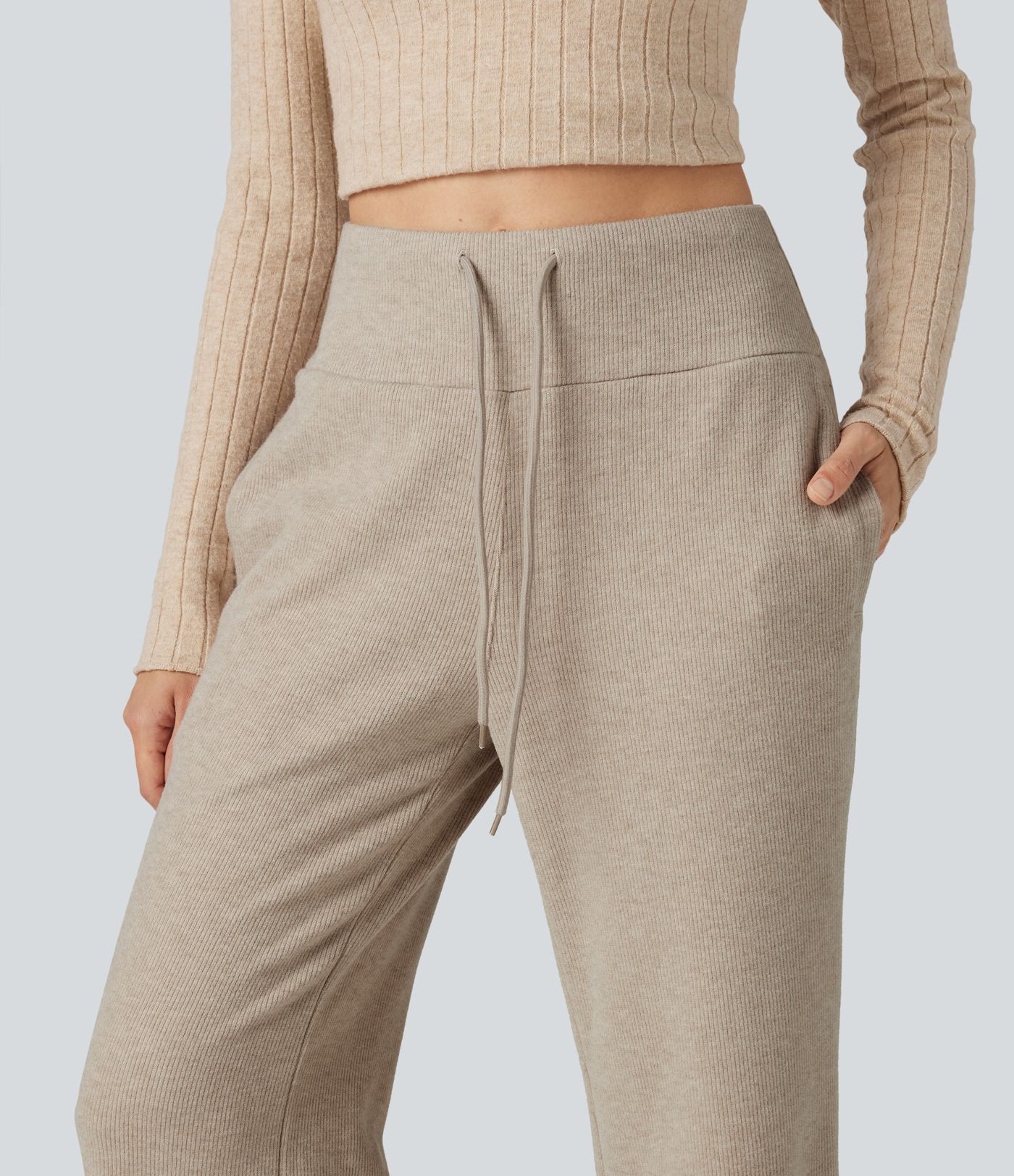 Ribbed High Waisted Drawstring Flare Casual Pants with Pockets