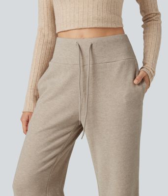 Ribbed High Waisted Drawstring Flare Casual Pants with Pockets