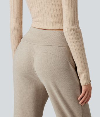 Ribbed High Waisted Drawstring Flare Casual Pants with Pockets