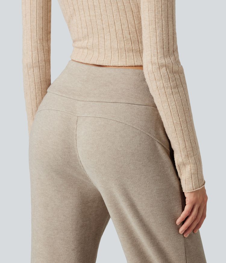 Ribbed High Waisted Drawstring Flare Casual Pants with Pockets