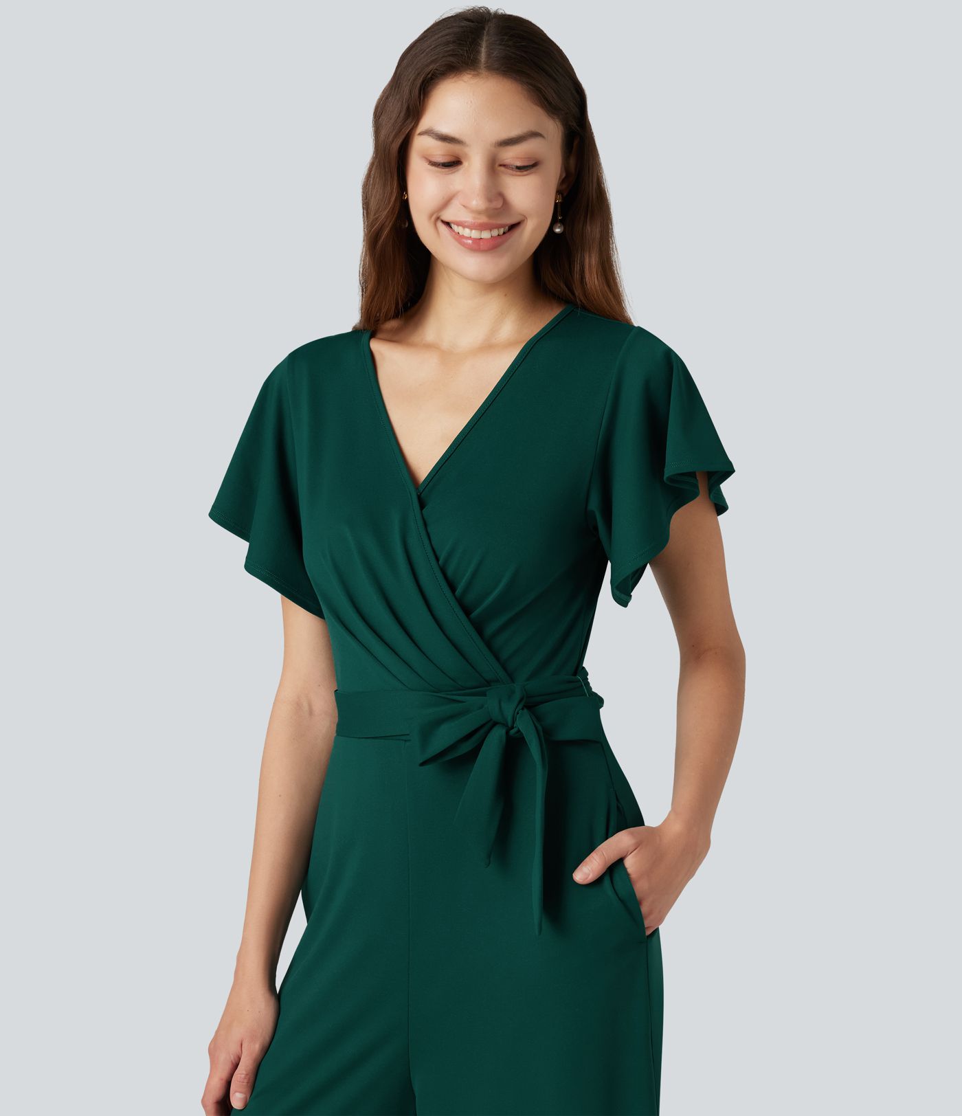 V Neck Short Sleeve Tie Side Baggy Casual Jumpsuit with Pockets-Easy Peezy Edition