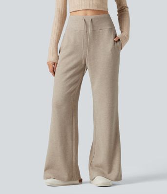 Ribbed High Waisted Drawstring Flare Casual Pants with Pockets