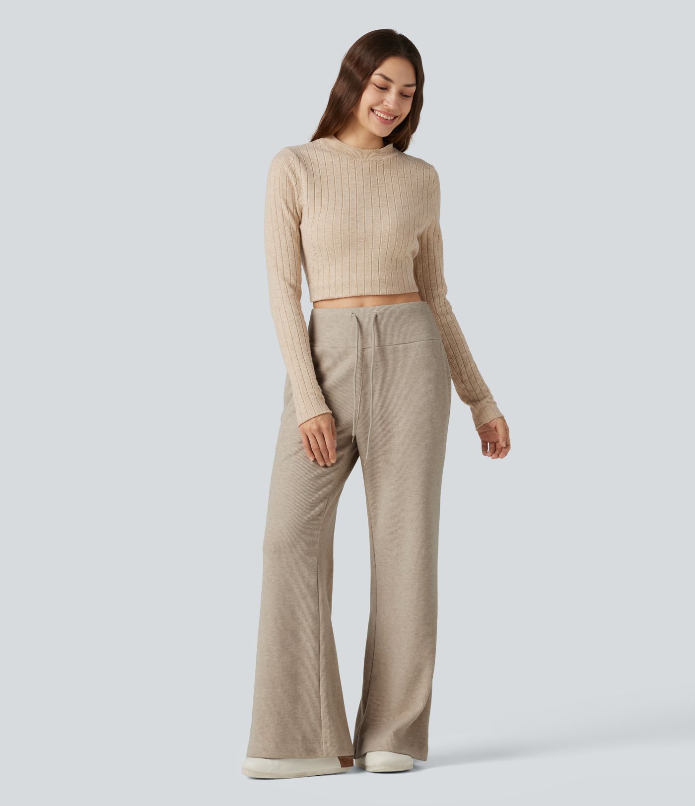 Ribbed High Waisted Drawstring Flare Casual Pants with Pockets