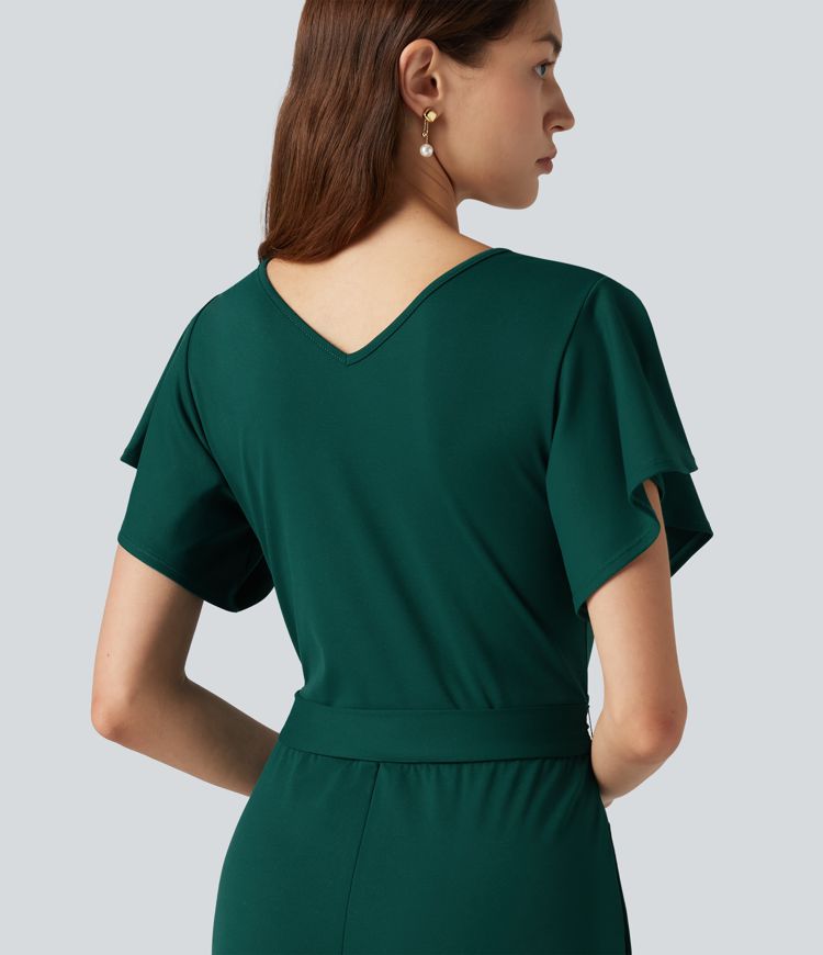 V Neck Short Sleeve Tie Side Baggy Casual Jumpsuit with Pockets-Easy Peezy Edition