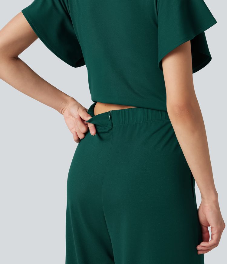 V Neck Short Sleeve Tie Side Baggy Casual Jumpsuit with Pockets-Easy Peezy Edition