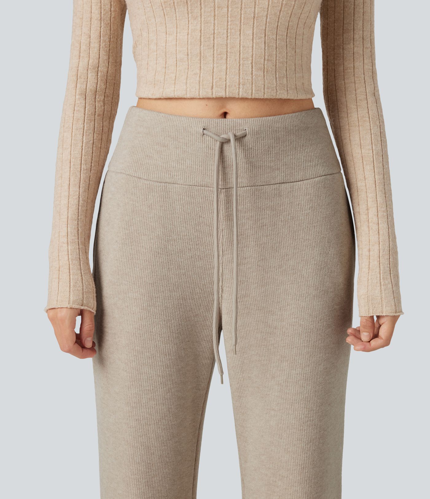 Ribbed High Waisted Drawstring Flare Casual Pants with Pockets