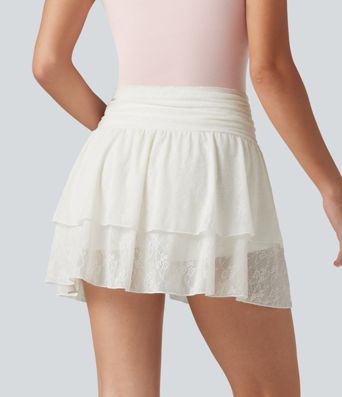 High Waisted Drawstring 2-in-1 Casual Tiered Lace Skirt