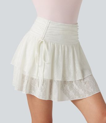 High Waisted Drawstring 2-in-1 Casual Tiered Lace Skirt