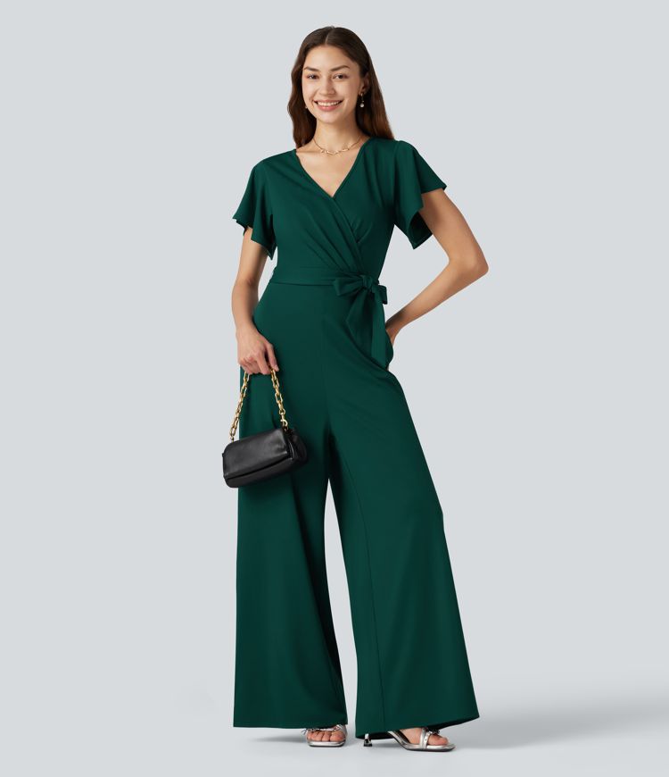 V Neck Short Sleeve Tie Side Baggy Casual Jumpsuit with Pockets-Easy Peezy Edition