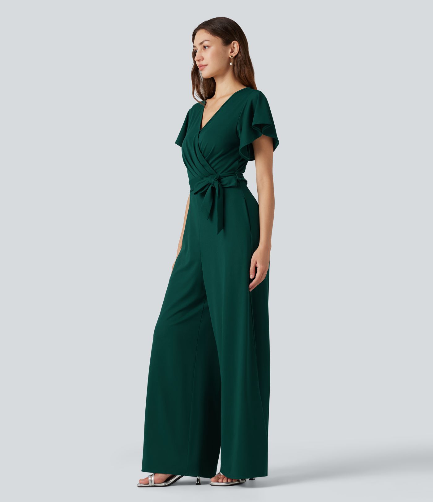 V Neck Short Sleeve Tie Side Baggy Casual Jumpsuit with Pockets-Easy Peezy Edition