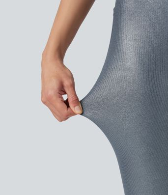 Leggings de yoga en punto acanalado, cintura alta con cruce, estampado metalizado (foil) y bolsillos