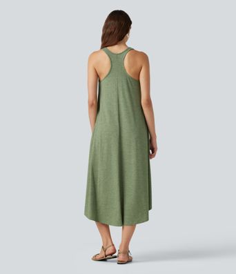 Racerback Built-in Bra High Low Flowy Midi Dress with Pockets