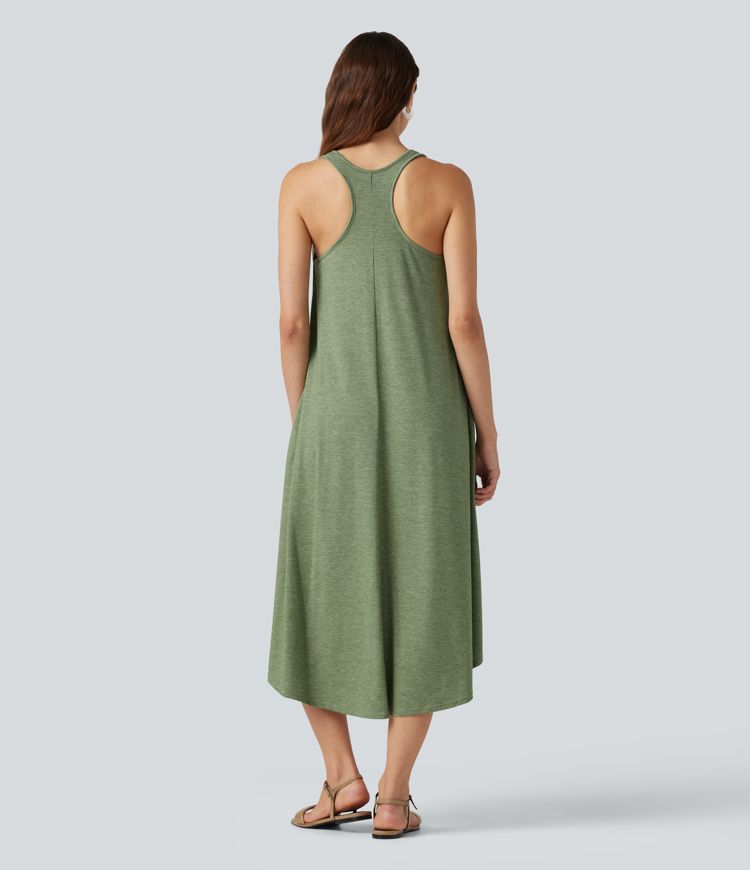 Racerback Built-in Bra High Low Flowy Midi Dress with Pockets