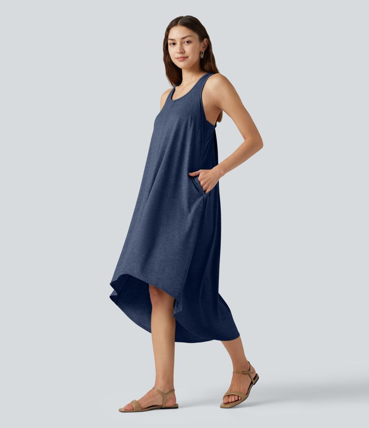 Fließendes Midikleid mit Seitentaschen, Racerback, integriertem BH und asymmetrischem Saum