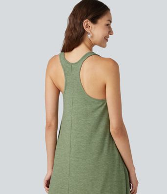 Racerback Built-in Bra High Low Flowy Midi Dress with Pockets