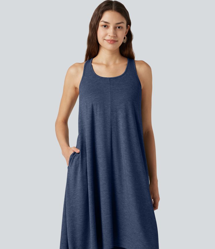 Fließendes Midikleid mit Seitentaschen, Racerback, integriertem BH und asymmetrischem Saum