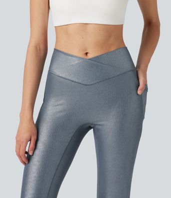 Leggings de yoga en punto acanalado, cintura alta con cruce, estampado metalizado (foil) y bolsillos