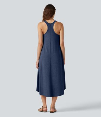 Fließendes Midikleid mit Seitentaschen, Racerback, integriertem BH und asymmetrischem Saum