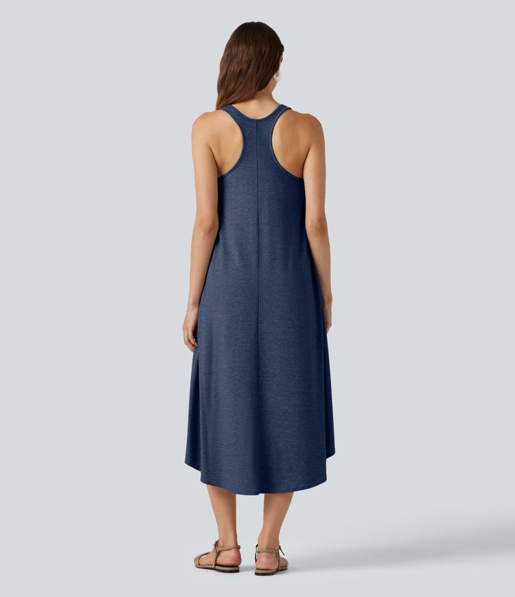 Fließendes Midikleid mit Seitentaschen, Racerback, integriertem BH und asymmetrischem Saum