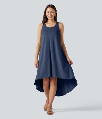 Fließendes Midikleid mit Seitentaschen, Racerback, integriertem BH und asymmetrischem Saum