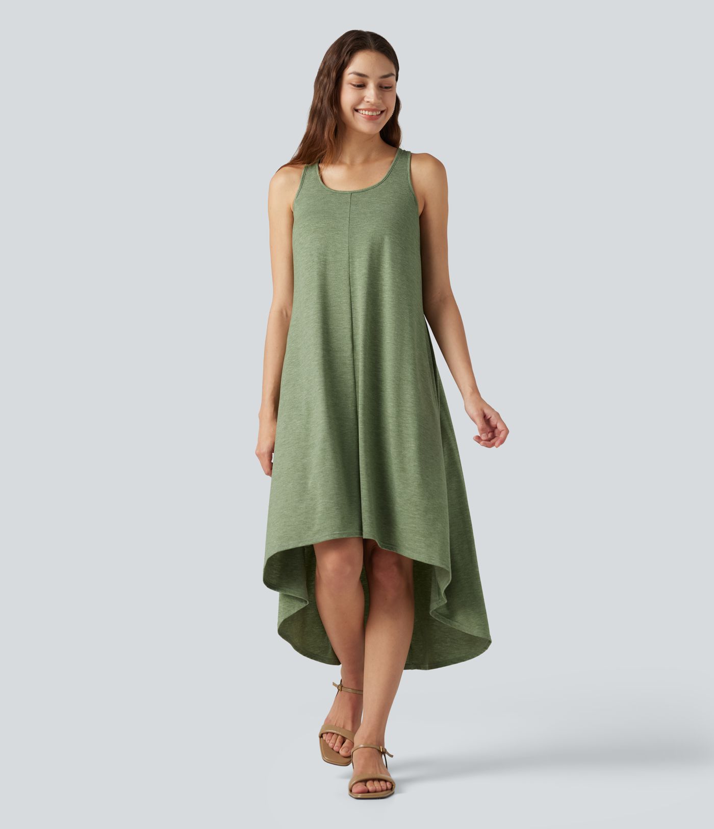 Racerback Built-in Bra High Low Flowy Midi Dress with Pockets