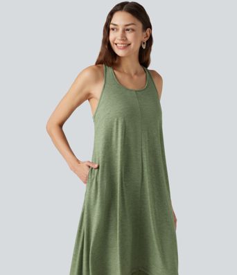 Racerback Built-in Bra High Low Flowy Midi Dress with Pockets