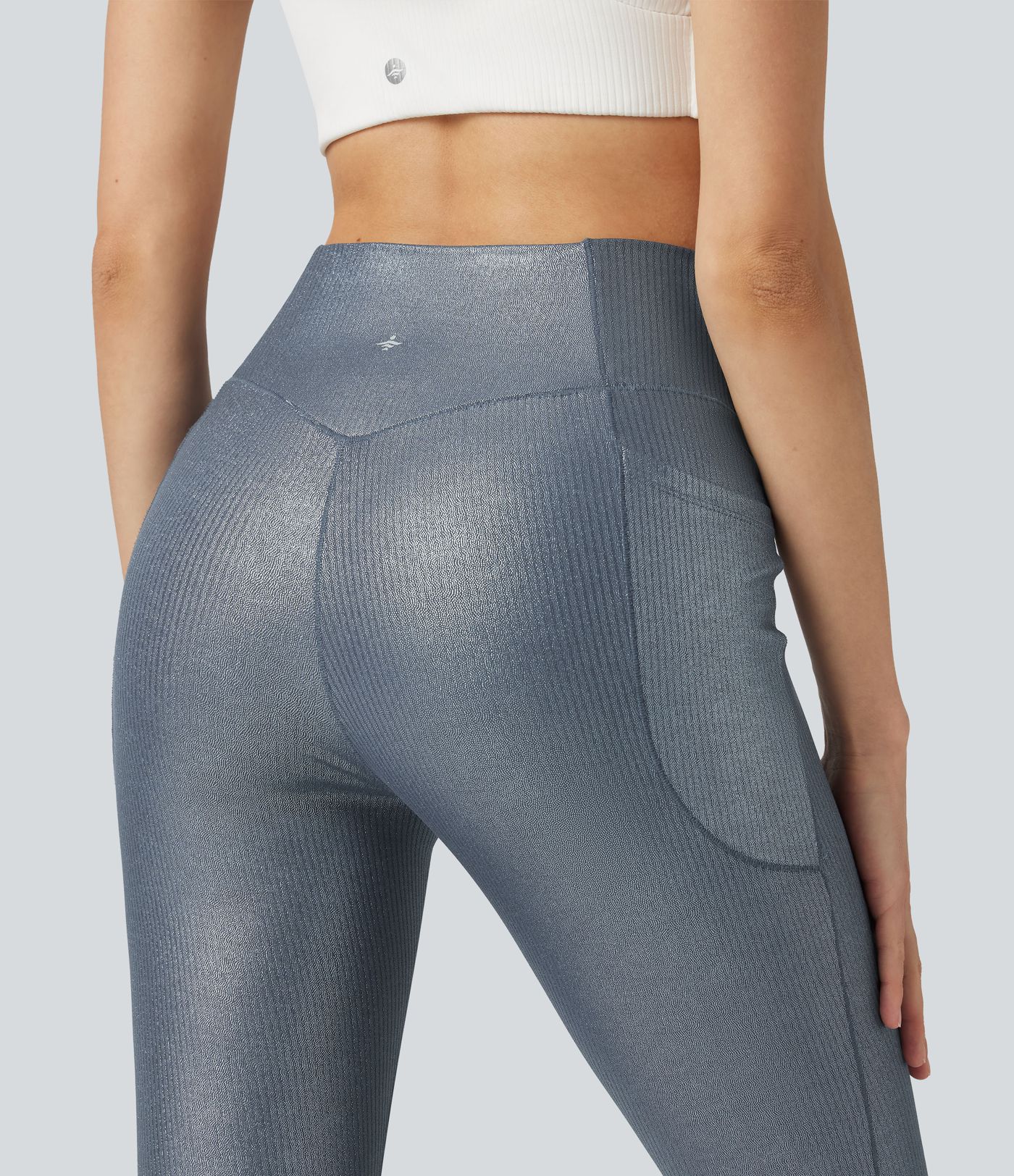 Leggings de yoga en punto acanalado, cintura alta con cruce, estampado metalizado (foil) y bolsillos