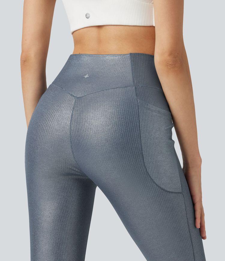 Leggings de yoga en punto acanalado, cintura alta con cruce, estampado metalizado (foil) y bolsillos