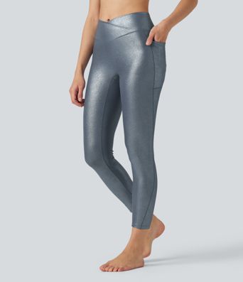 Leggings de yoga en punto acanalado, cintura alta con cruce, estampado metalizado (foil) y bolsillos