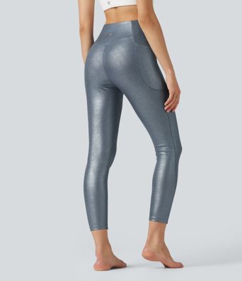 Leggings de yoga en punto acanalado, cintura alta con cruce, estampado metalizado (foil) y bolsillos