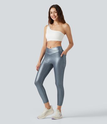 Leggings de yoga en punto acanalado, cintura alta con cruce, estampado metalizado (foil) y bolsillos