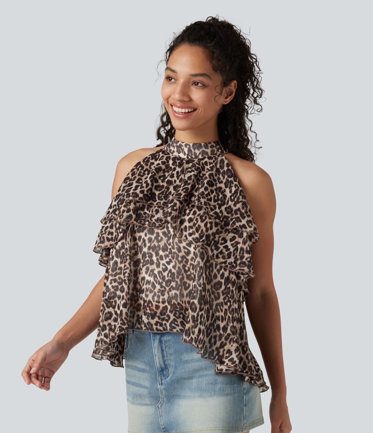 Stand Collar Sleeveless High Low Leopard Print Casual Top
