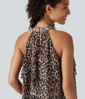 Stand Collar Sleeveless High Low Leopard Print Casual Top