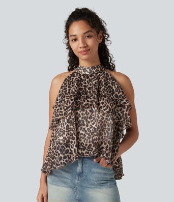 Stand Collar Sleeveless High Low Leopard Print Casual Top
