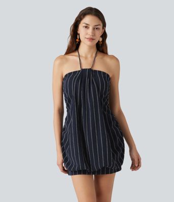 Halter Tie Back Built-in Bra Bodycon Stripe Micro Mini Dress